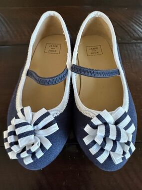 Janie and Jack Navy and White Striped Ribbon Flower Mary Jane Shoes